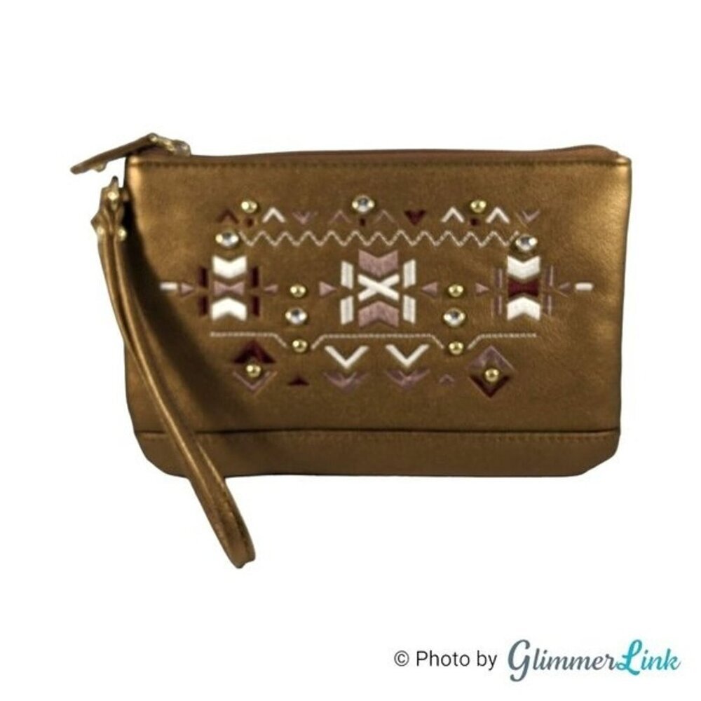Maurices Bronze Faux Leather Tribal Embroidery Rhinestones Wristlet Slim Pouch